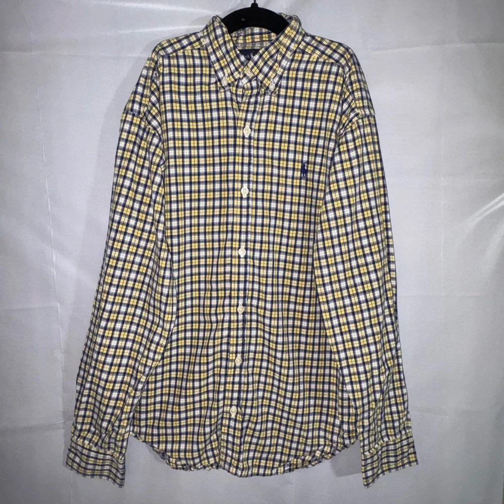 Ralph Lauren Boys M 12-14 Plaid Button Down Shirt Yellow Navy Blue Cotton Pony